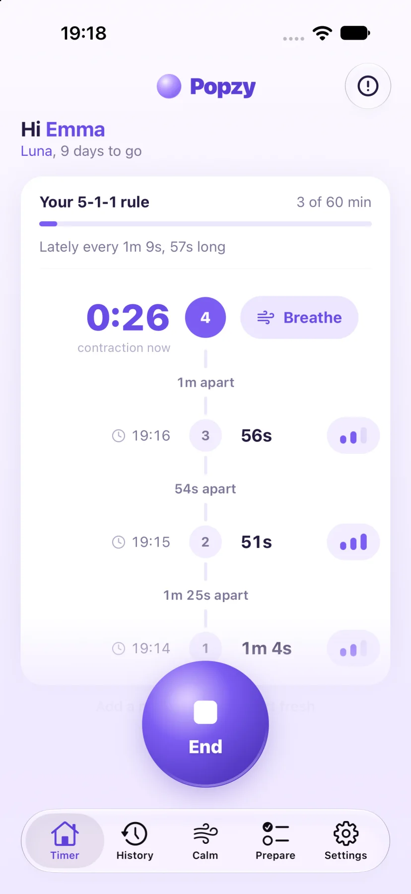 Popzy timer screen: a running contraction at 0:26, the 5-1-1 rule card, and the last three contractions with their lengths and gaps